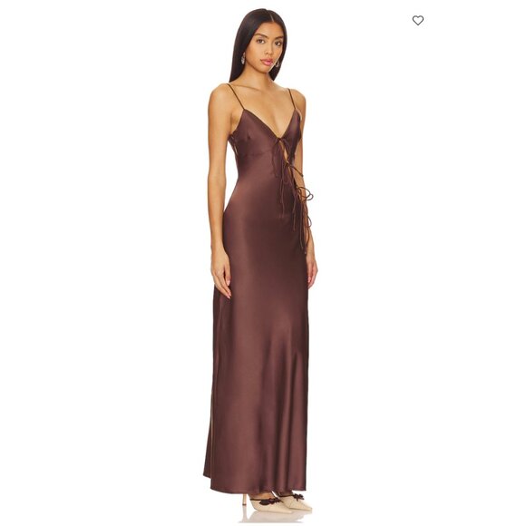 NWT LIONESS About a Girl Maxi Satin Dress in Chocolate | Size M - Picture 8 of 10